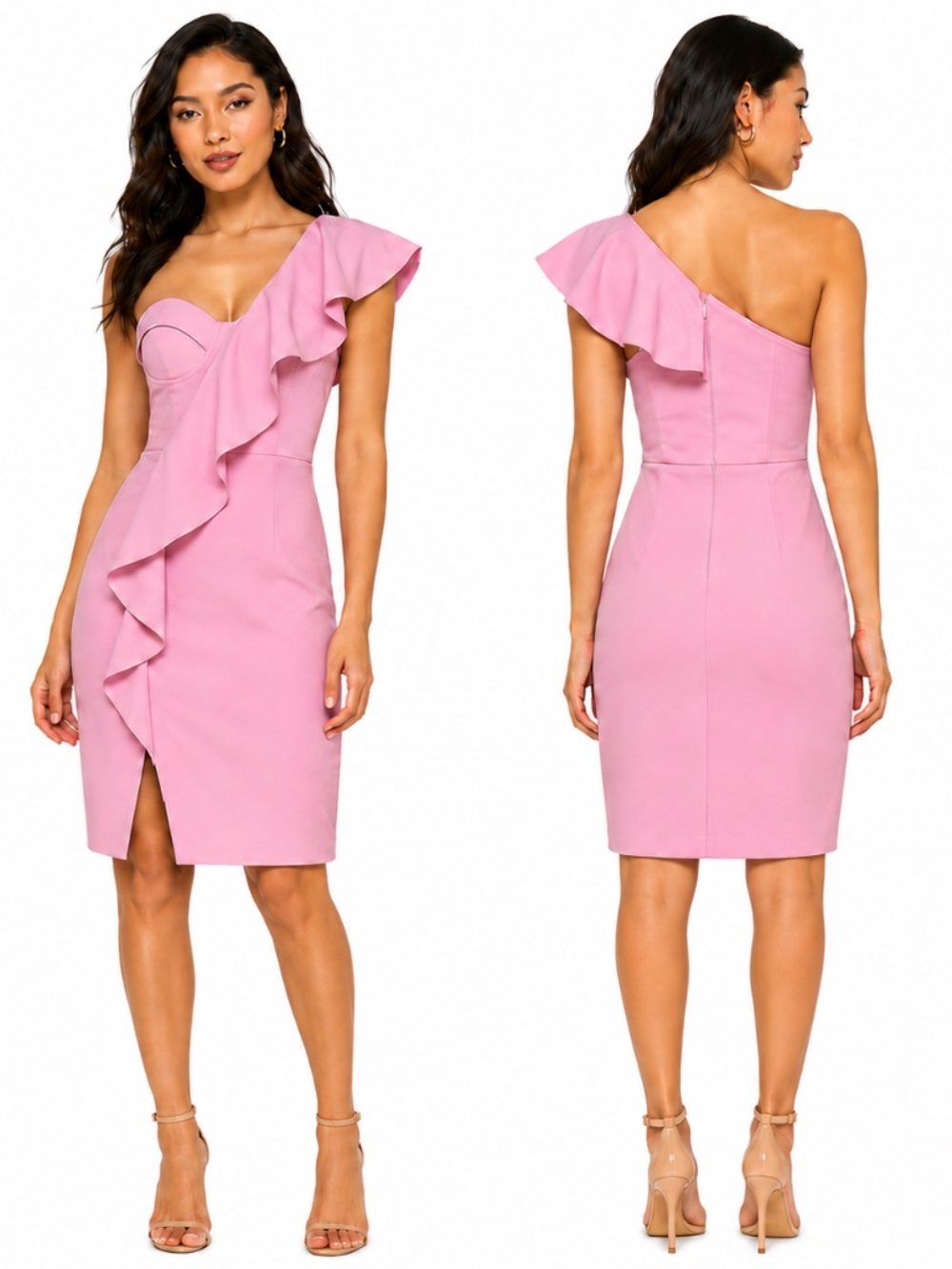 Lavish Alice Scuba Midi Dress with Corset Bodice & Dramatic One-Shoulder Ruffle